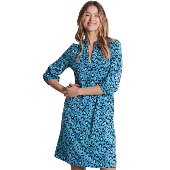 Tyler Boe Dakota blue leopard knit short sleeve dress pockets Large maximal - Picture 1 of 13